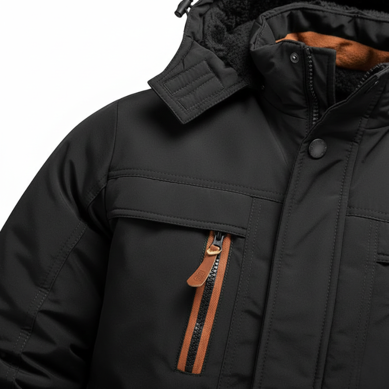 Close-up of a black jacket with a brown zipper and fur-lined hood on a white background