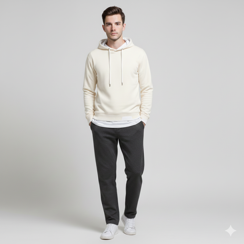 Man wearing a black hoodie, gray pants, and white sneakers on a gray background