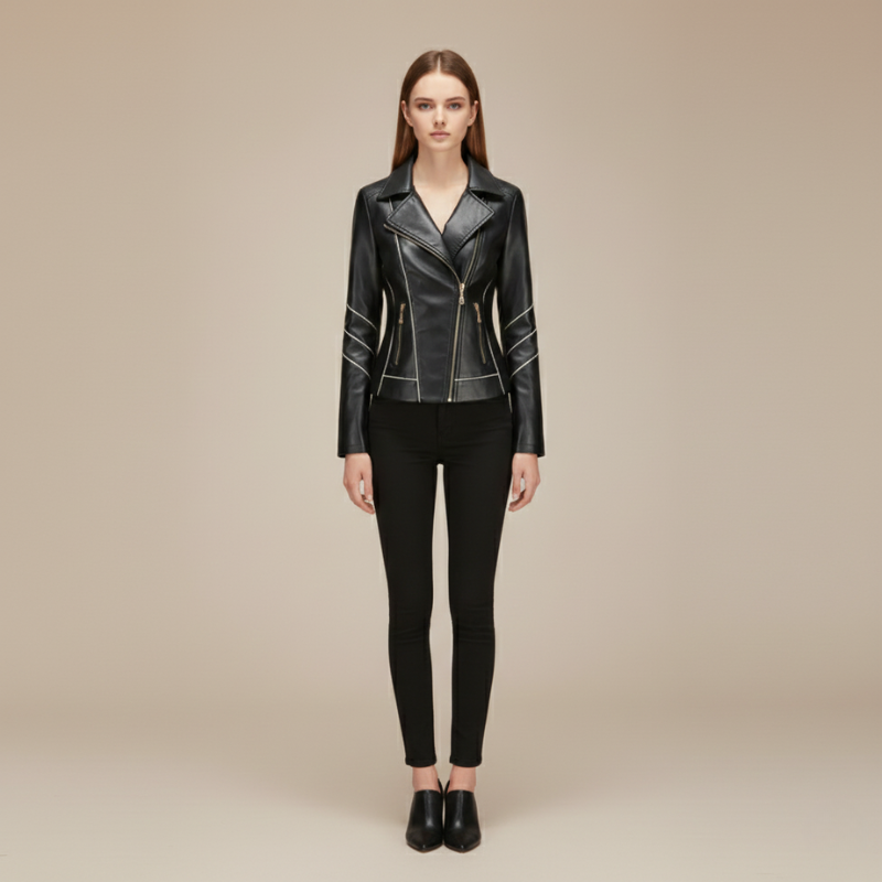 Woman wearing a black leather jacket and pants on a beige background