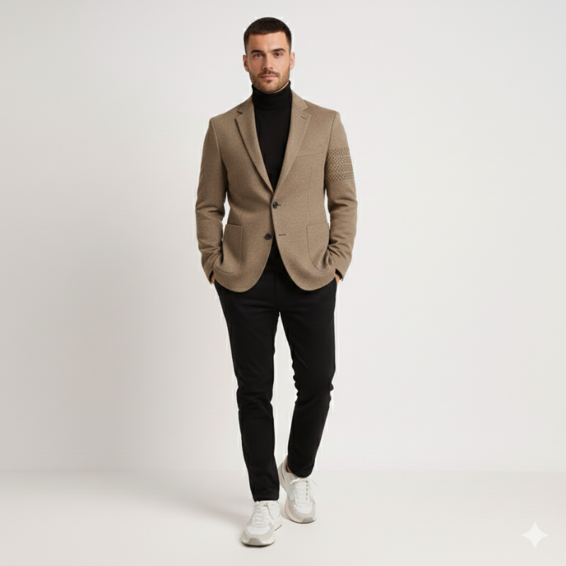 Man wearing a beige blazer, black turtleneck, black pants, and white sneakers on a white background
