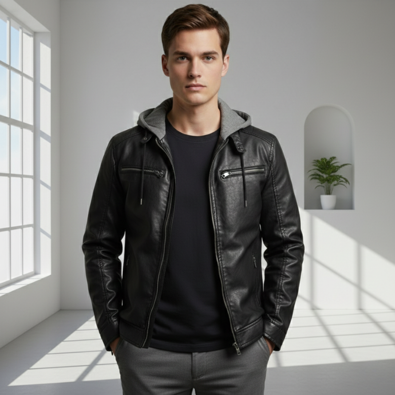 Man wearing a black leather jacket in a bright room with large windows.