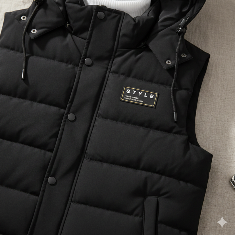 Black puffer vest with a brand label on a neutral background