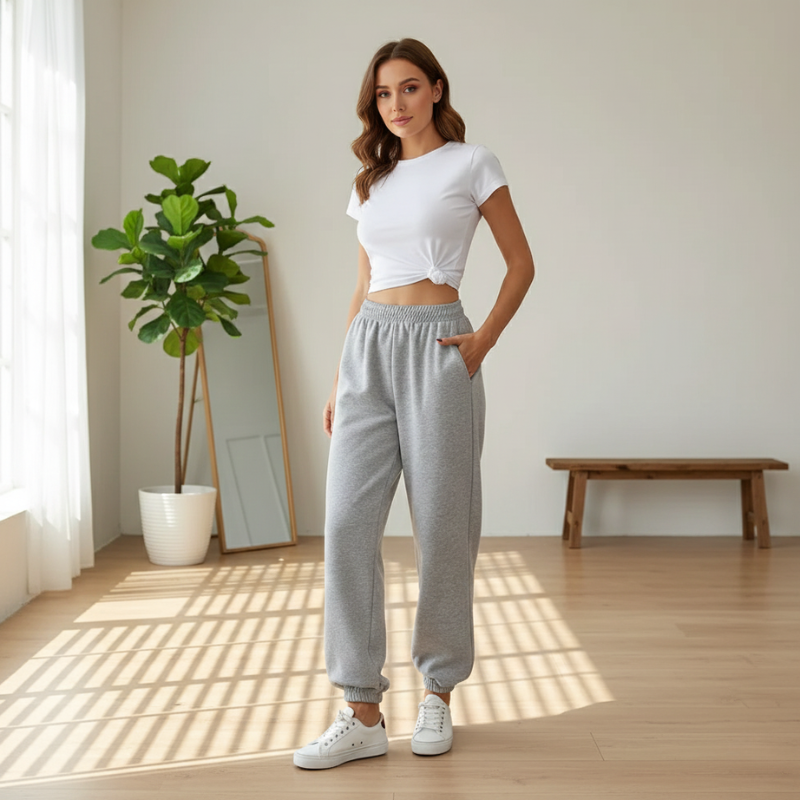 Woman wearing a white t-shirt and gray sweatpants standing in a bright room with a plant and wooden bench.
