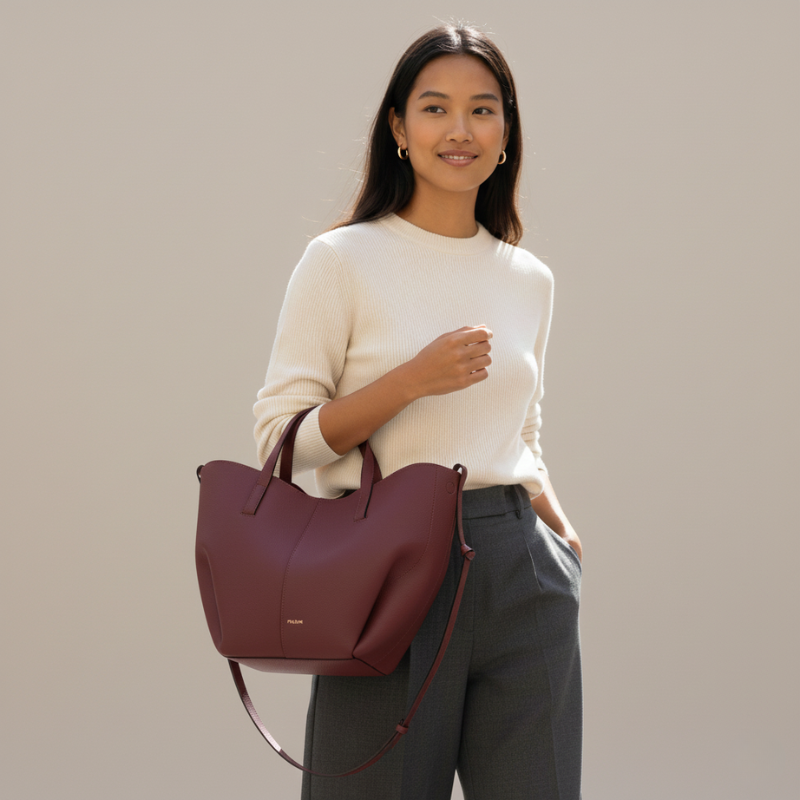 Woman holding a maroon handbag against a plain background