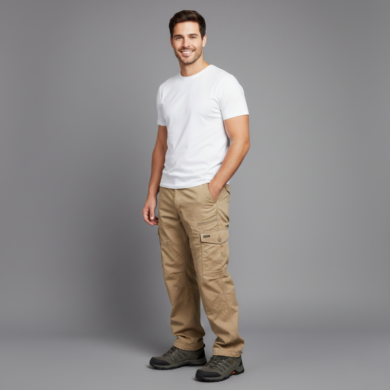 Man wearing a white t-shirt and beige cargo pants on a gray background