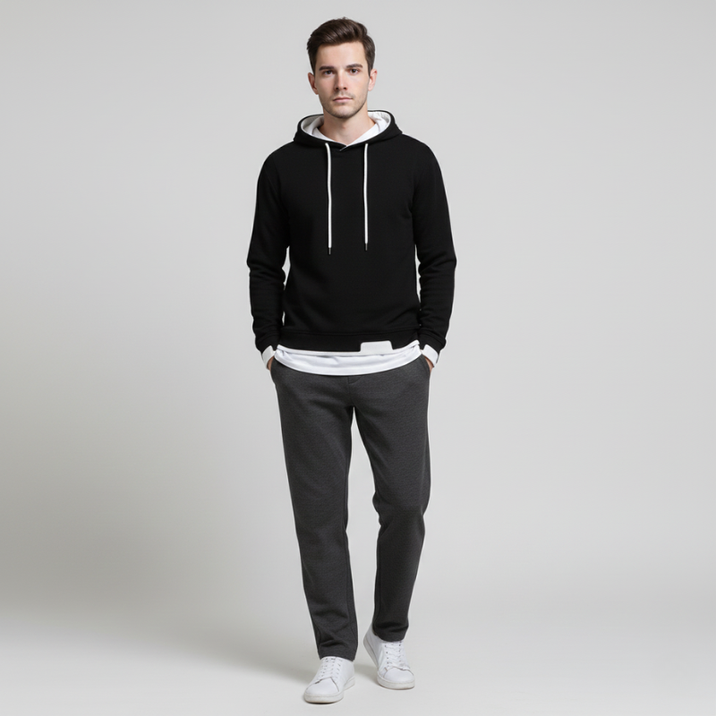 Man wearing a black hoodie, gray pants, and white sneakers on a light gray background