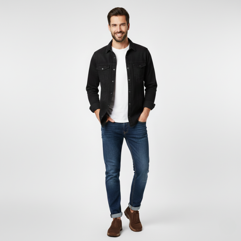 Man wearing a black denim jacket, white t-shirt, blue jeans, and brown shoes on a white background