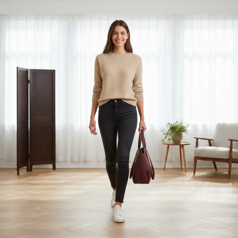 Woman walking in a modern living room holding a handbag.