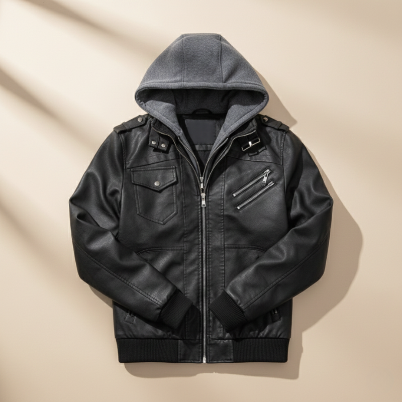 Black leather jacket with gray hood on a beige background