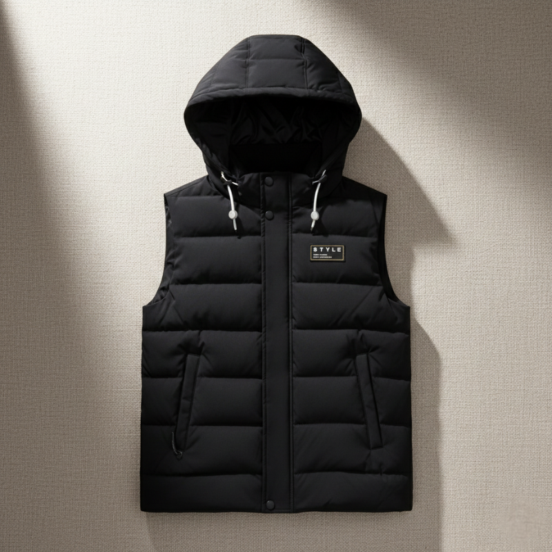Black puffer vest with a brand logo on a beige background