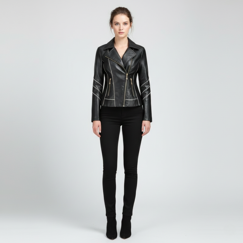 Person wearing a black leather jacket and black pants on a white background