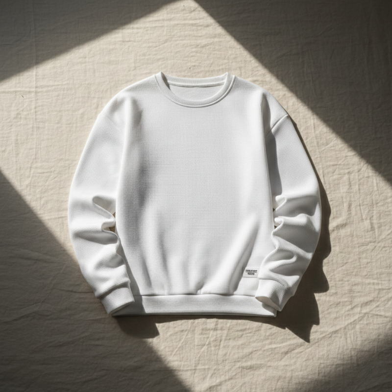 White sweatshirt on a textured beige surface with shadows