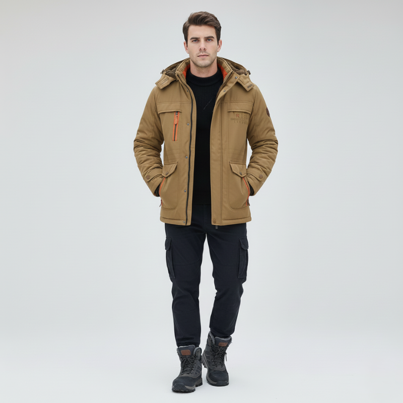 Man wearing a brown jacket with a hood on a white background