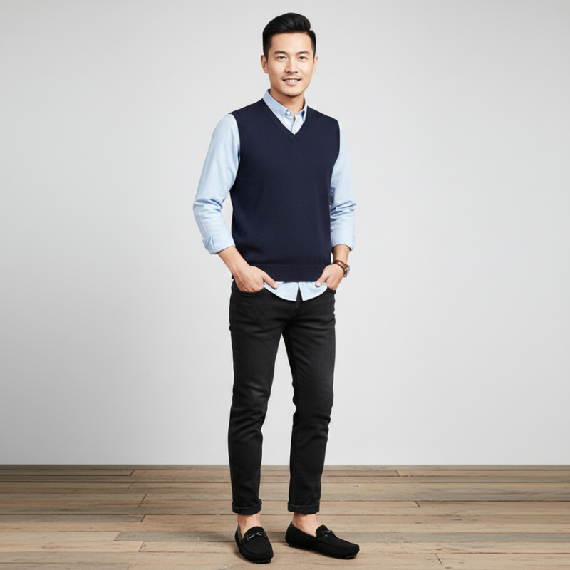 Man wearing a navy sweater vest over a light blue shirt with dark pants on a plain background