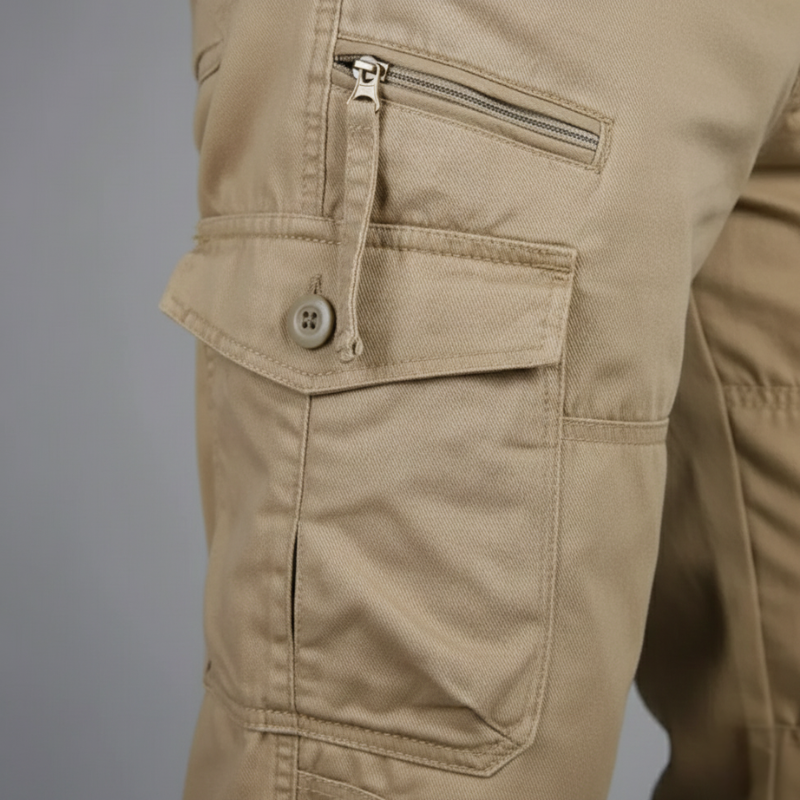 Close-up of beige pants with a pocket and zipper on a gray background