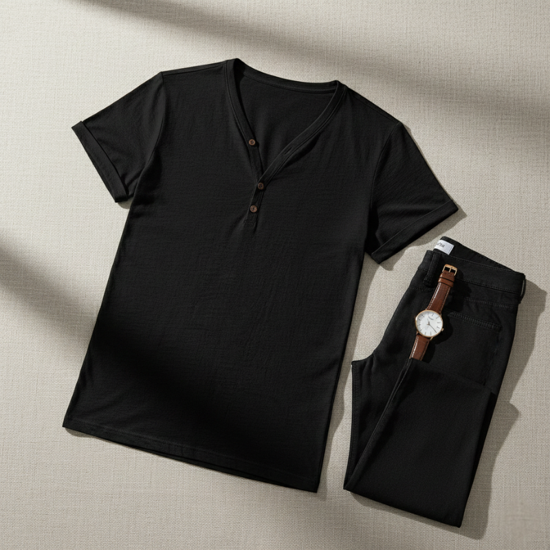 Black shirt, black pants, and a watch on a beige surface