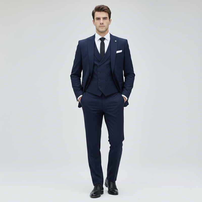 Man wearing a black three-piece suit on a light gray background