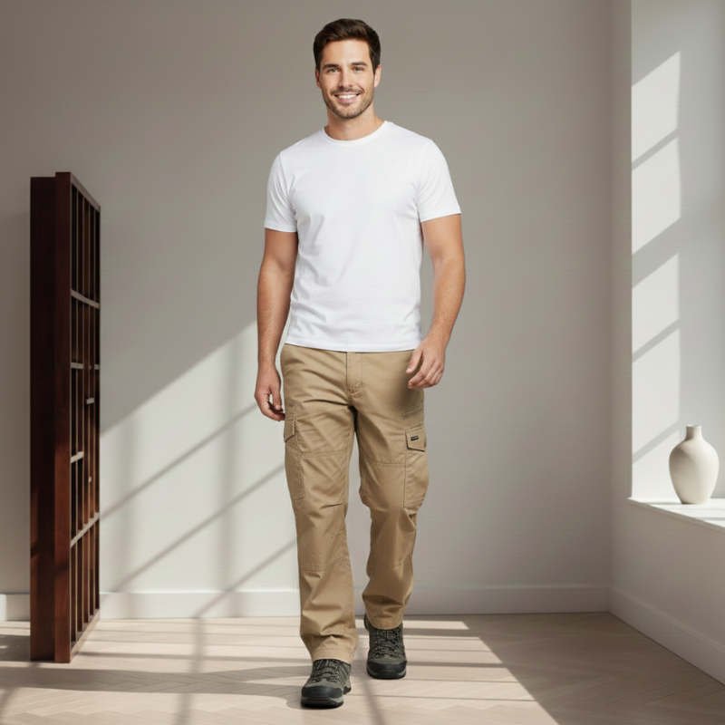 Man wearing a white t-shirt and beige pants standing in a well-lit room with a wooden shelf and vase.