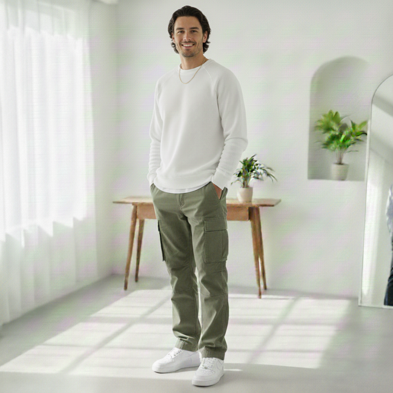 Man wearing a white sweater and green pants standing in a bright room with a desk and plants.