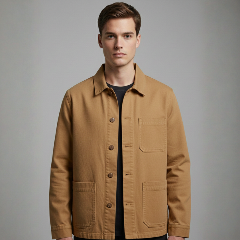 Man wearing a beige jacket against a gray background