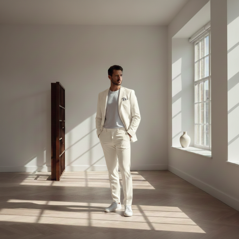 Man in a light suit standing in a sunlit room with minimal decor.