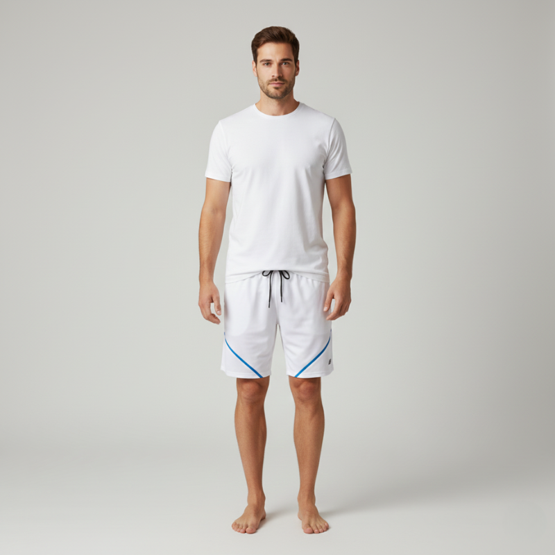 Man wearing a white t-shirt and shorts on a plain background