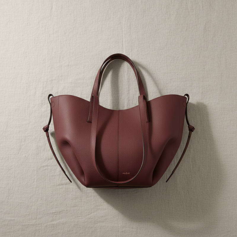 Maroon handbag on a beige background