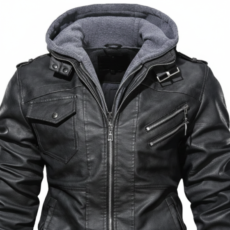 Black leather jacket with gray hood on a white background