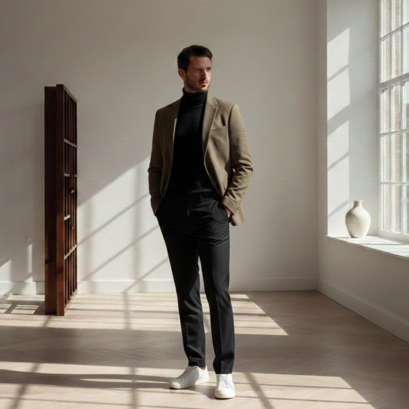 Man in a brown blazer and black pants standing in a sunlit room with a wooden bookshelf.