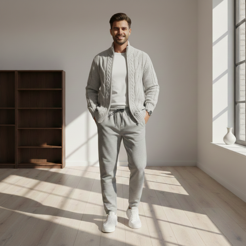 Man wearing a gray knit cardigan and pants standing in a sunlit room.
