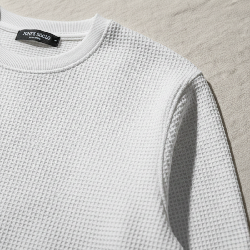 White textured sweater with 'Jones Soglo' label on beige background