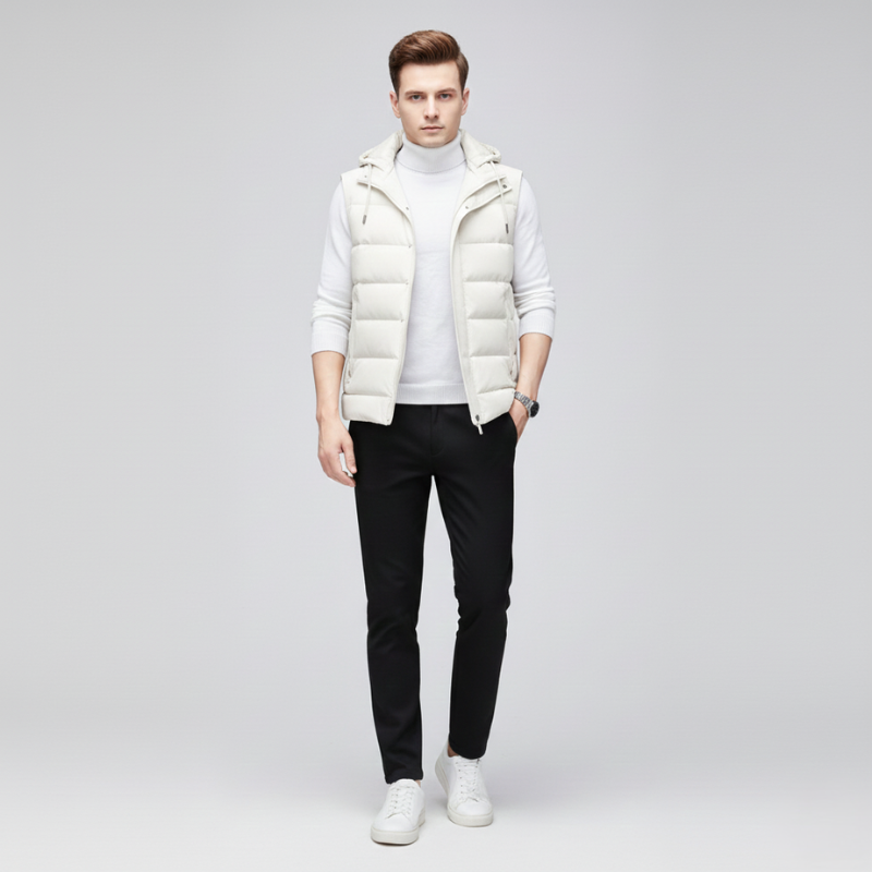 Man wearing a white puffer vest over a light gray sweater with black pants on a plain background