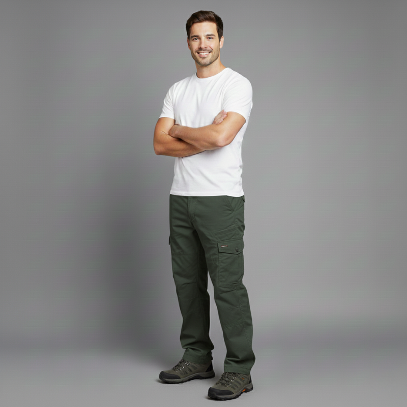 Man wearing a white t-shirt and green pants standing against a gray background
