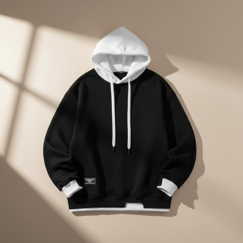 Black hoodie with white drawstrings on a beige background
