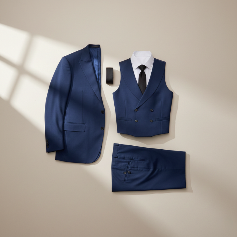 Blue suit jacket, waistcoat, and pants on a beige background