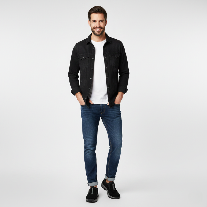 Man wearing a black denim jacket, white t-shirt, and blue jeans on a white background