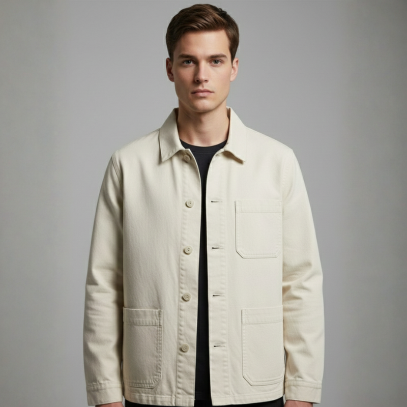 Man wearing a beige jacket against a gray background