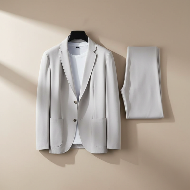 White suit jacket and pants on a beige background