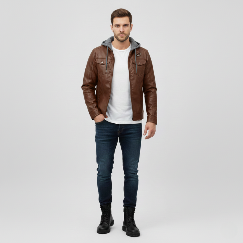 Man wearing a brown leather jacket, white shirt, blue jeans, and black boots on a light gray background