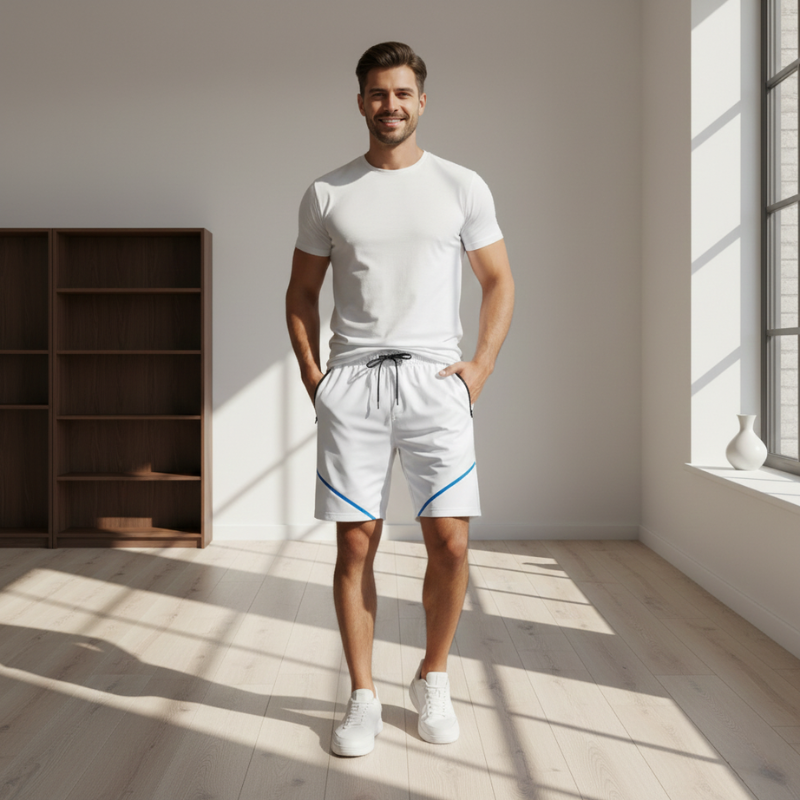 Man wearing a white t-shirt and shorts standing in a bright room with wooden floor and large window.
