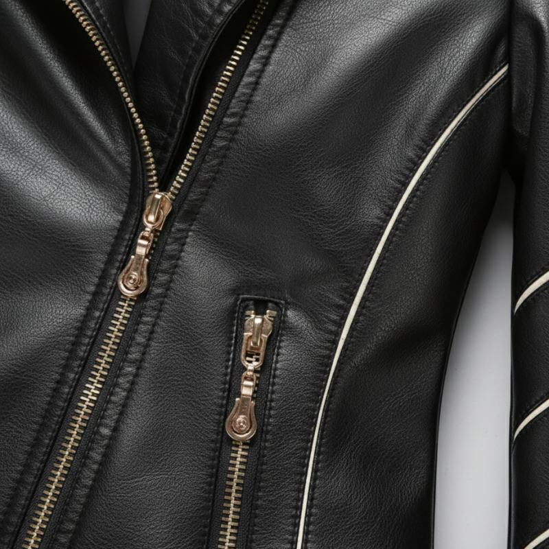 Close-up of a black leather jacket with gold zippers on a white background