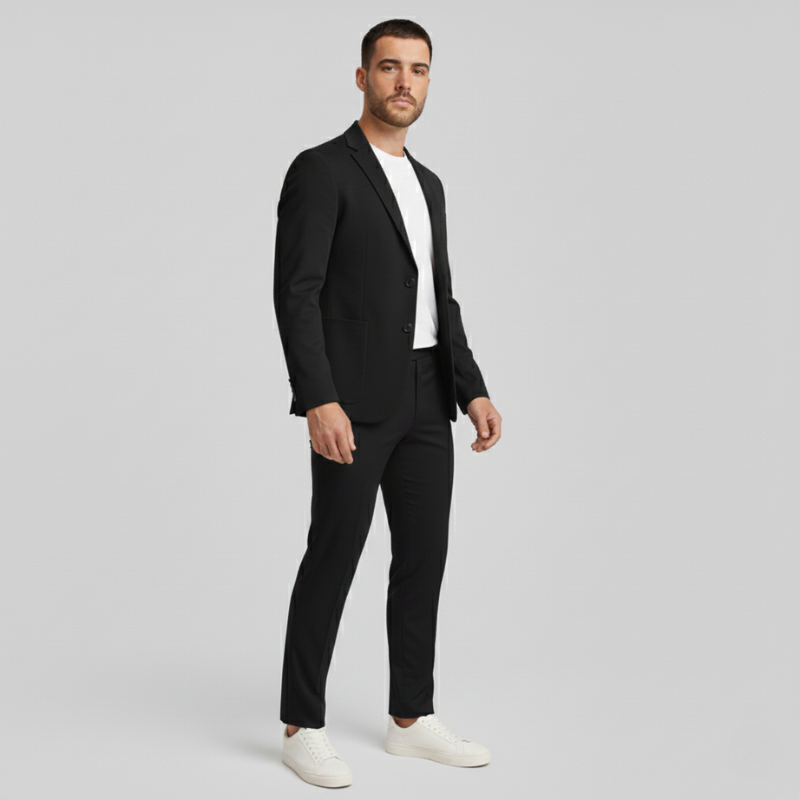 Man wearing a black suit and white shoes on a light gray background