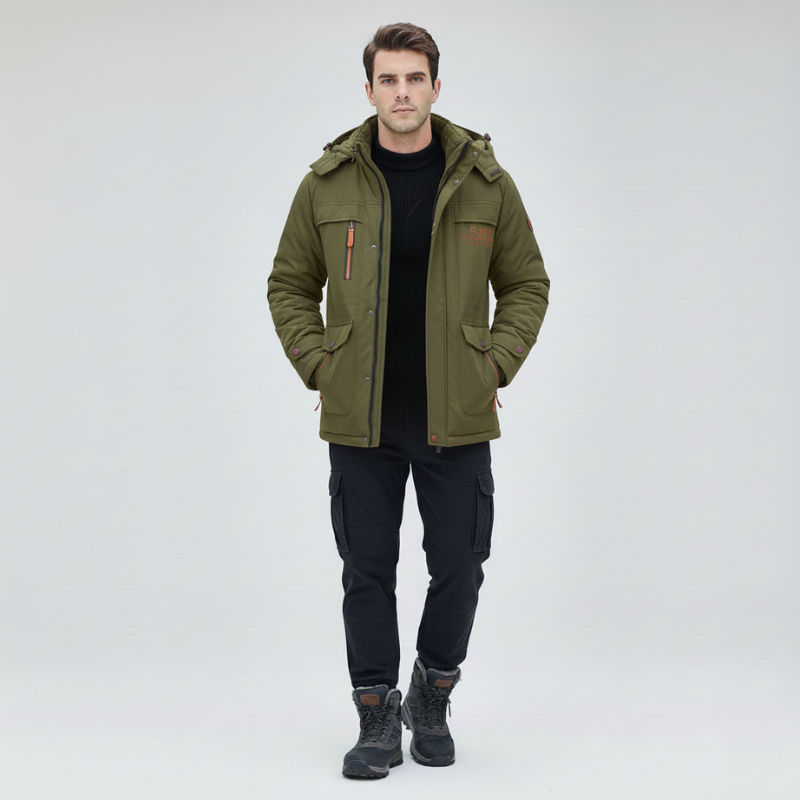 Man wearing a green jacket with a hood on a white background