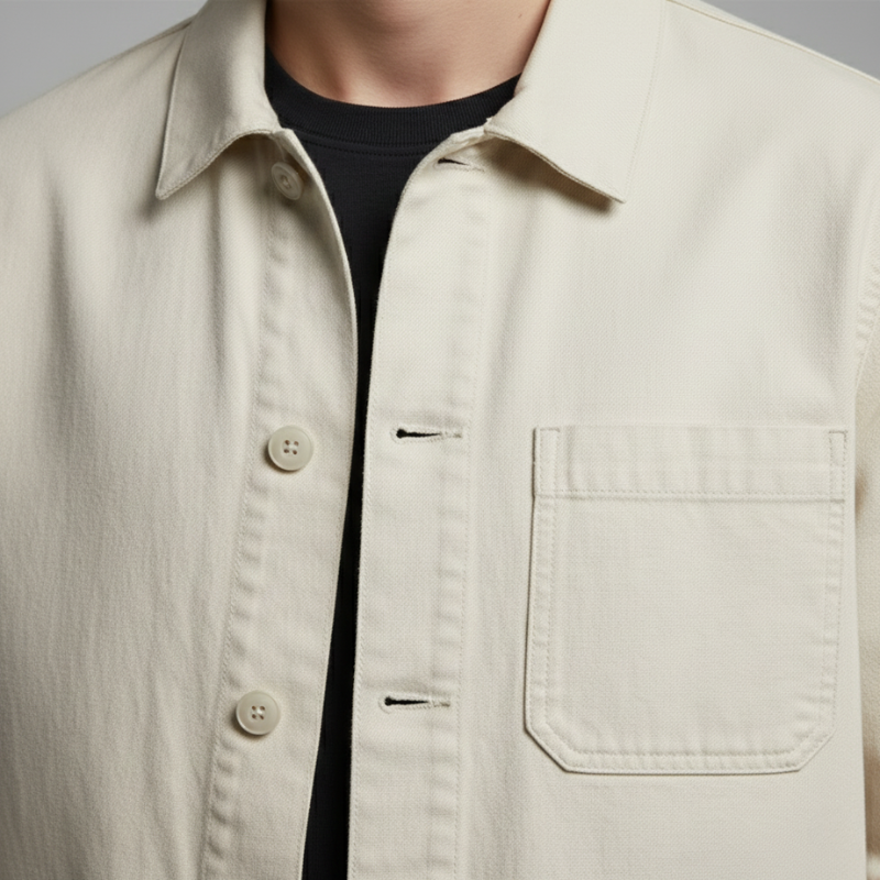 Beige jacket with a pocket and buttons on a neutral background