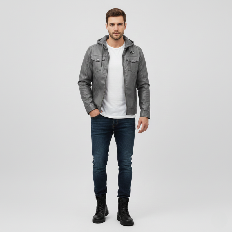 Man wearing a gray jacket, white shirt, dark jeans, and black boots on a light gray background