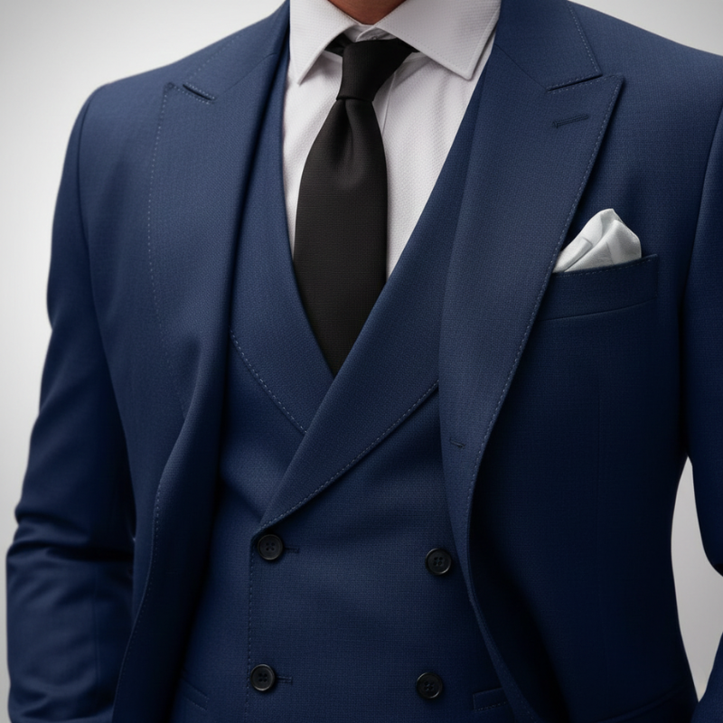 Navy blue suit with a white shirt and black tie on a light gray background