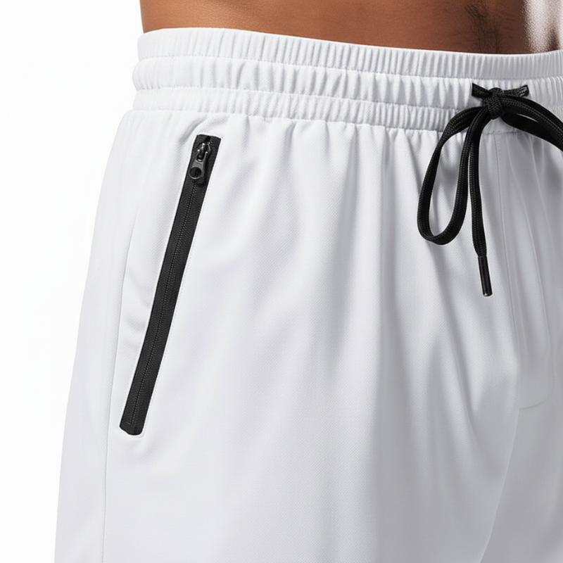 White shorts with black zipper and drawstring on a white background