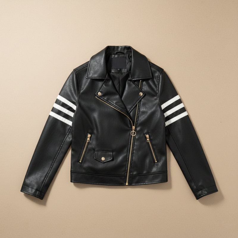 Black leather jacket with white stripes on sleeves against a beige background