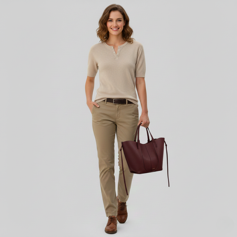 Woman wearing a beige outfit with a brown leather bag on a light gray background