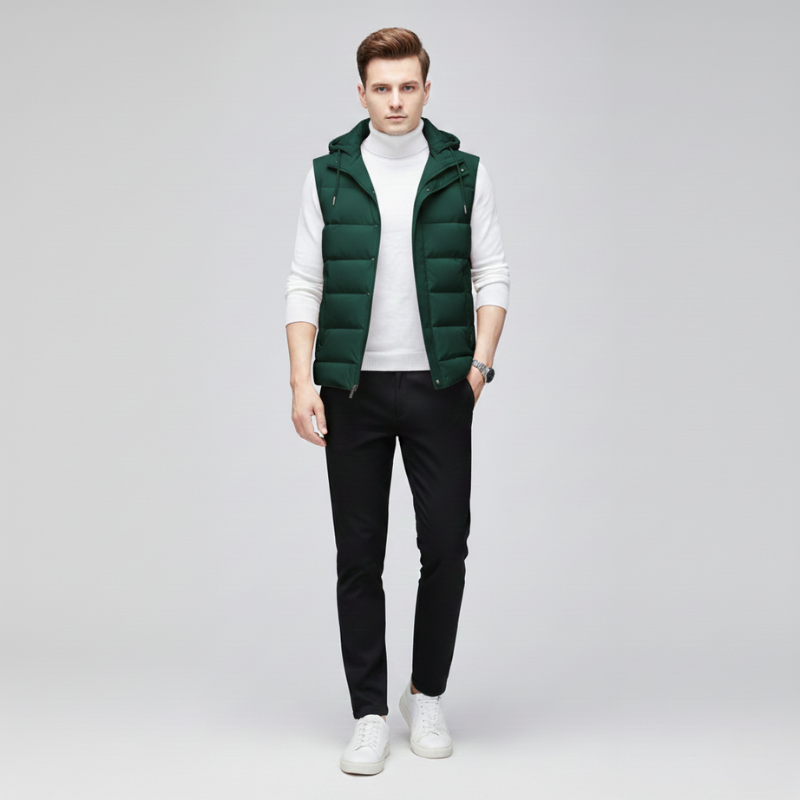 Man wearing a green puffer vest over a white shirt with black pants on a light gray background